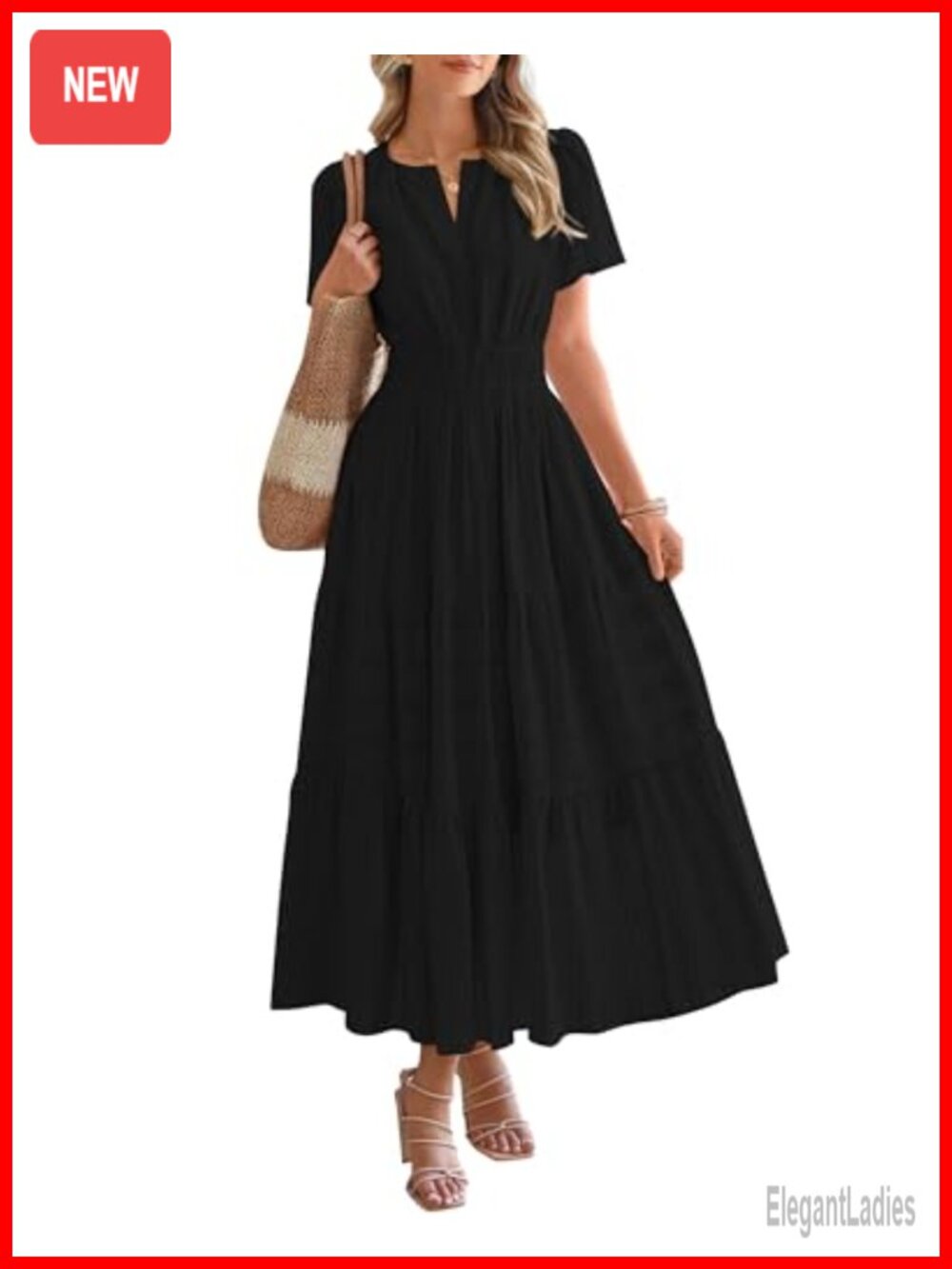 Womens Summer Maxi Dress Short Sleeve V Neck Tiered Ruffle Casual Beach